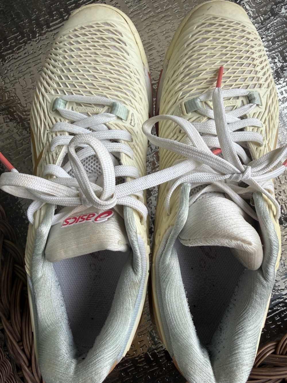 Asics Cream Gold Green Pickleball Shoes  with Coral Logo Accents